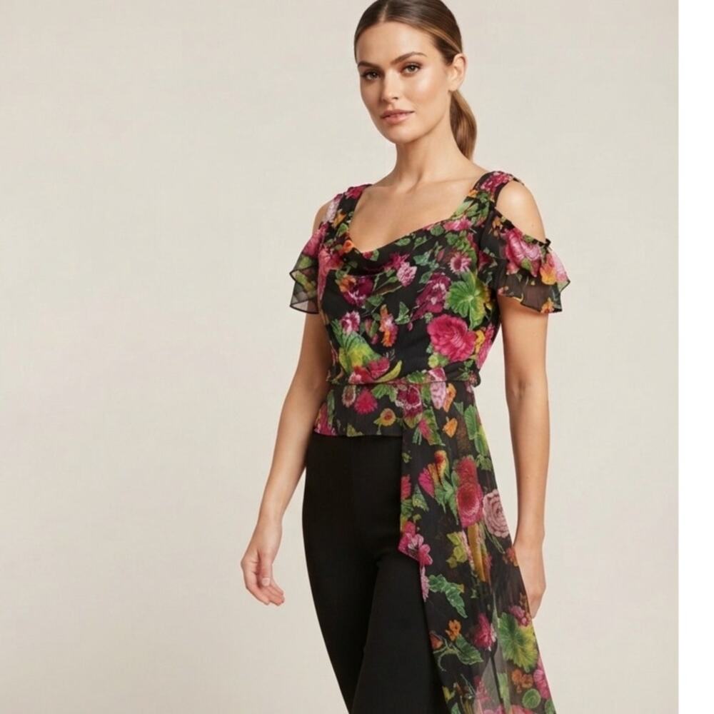 BCBG MaxAzria Floral Asymetrical Drape Statement Blouse Size XXS
